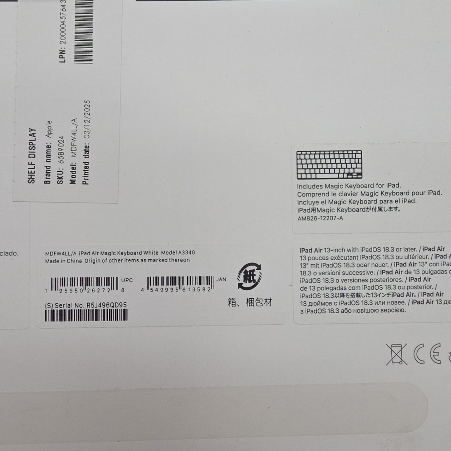 Apple iPad Pro 13" Magic Keyboard Model A3340 M3 - White- Sticker Residue