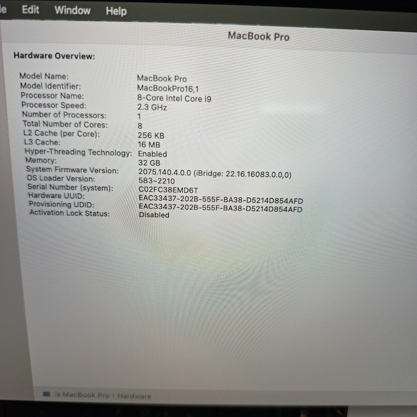 Apple Macbook Pro 16in Core i9 2.3GHz 1TB SSD 32GB A2141 Radeon Pro L128