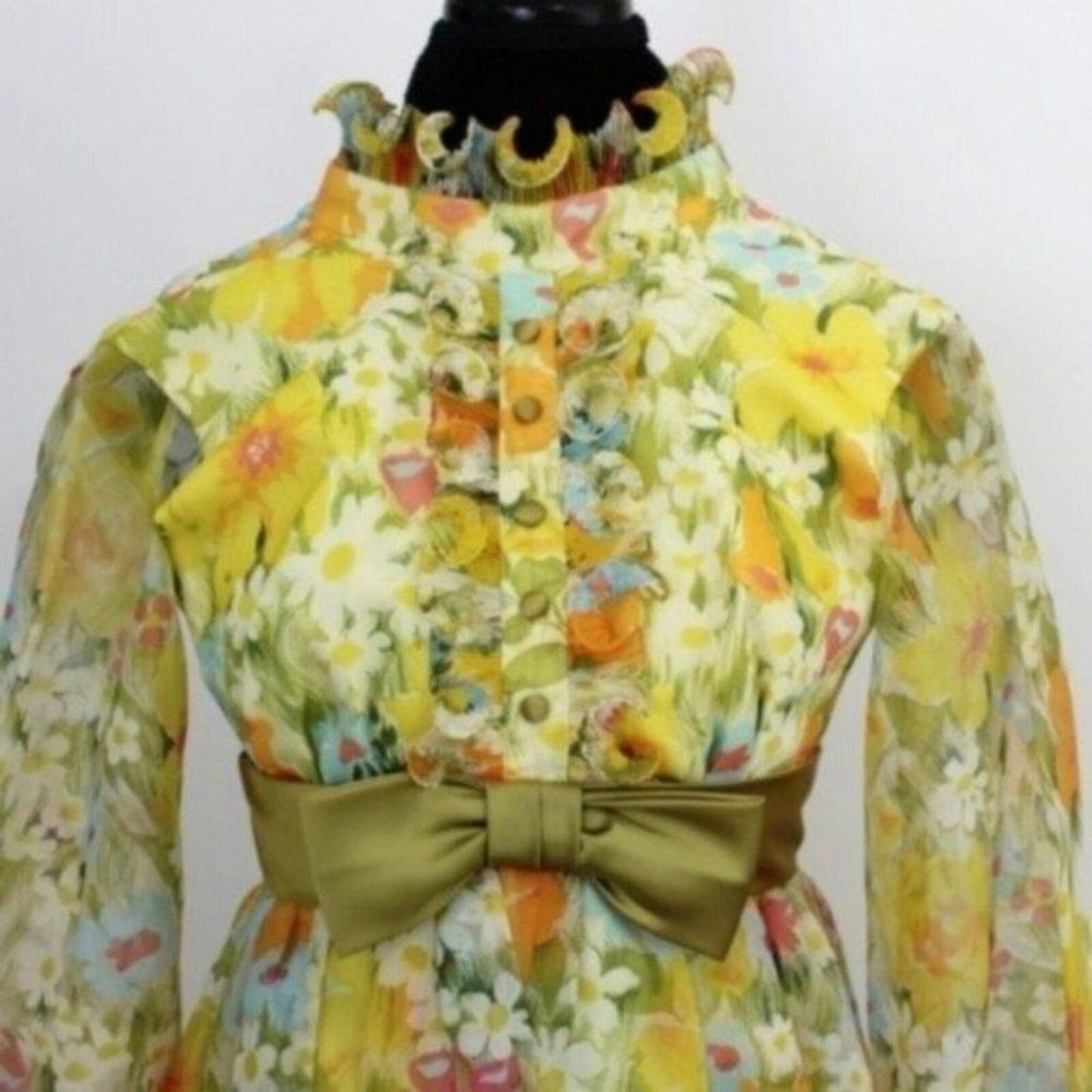 Vintage Yellow Floral Print Dress Tuxedo 3D Ruffle