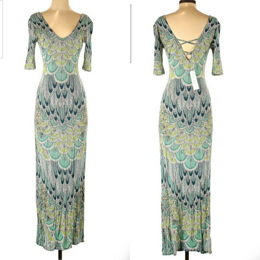 Mara Hoffman Dress Size Small Turquoise Feather Print Colour Maxi