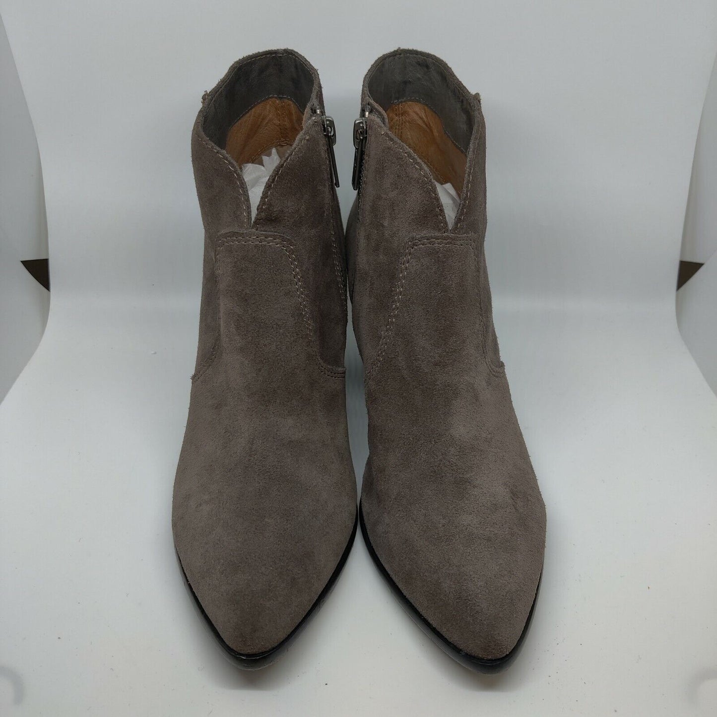 Frye Ankle Boot Bootie Size 7.5 Gray Tan Suede Leather Pointed Toe Heeled