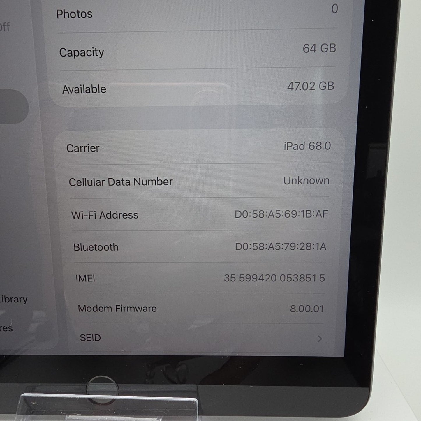 Apple iPad 9th Gen. 10.2" A2603 64GB Wifi Cellular Unlocked Space Gray W1DP