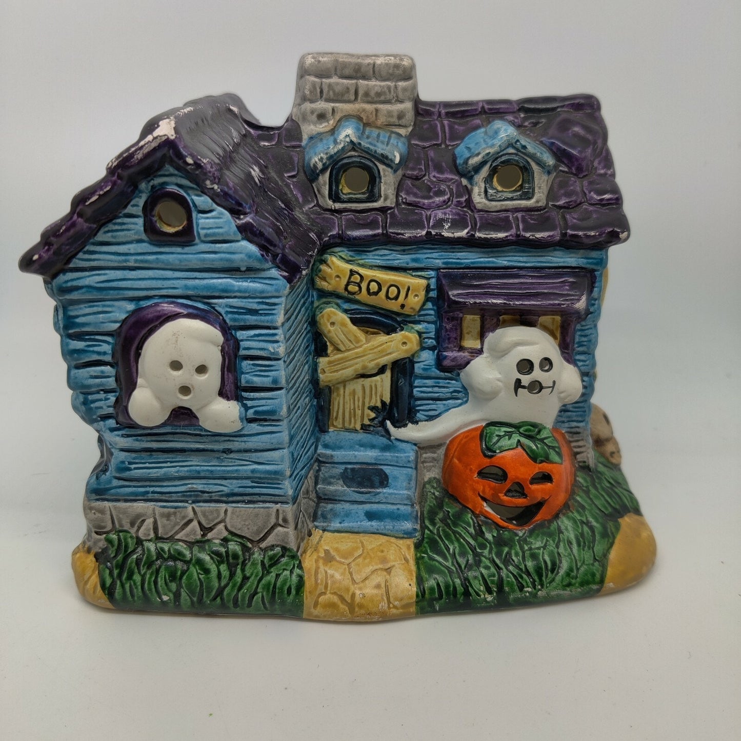 Vintage Russ Berrie Haunted House Ghosts Boo Boarded Door Candle Lighted