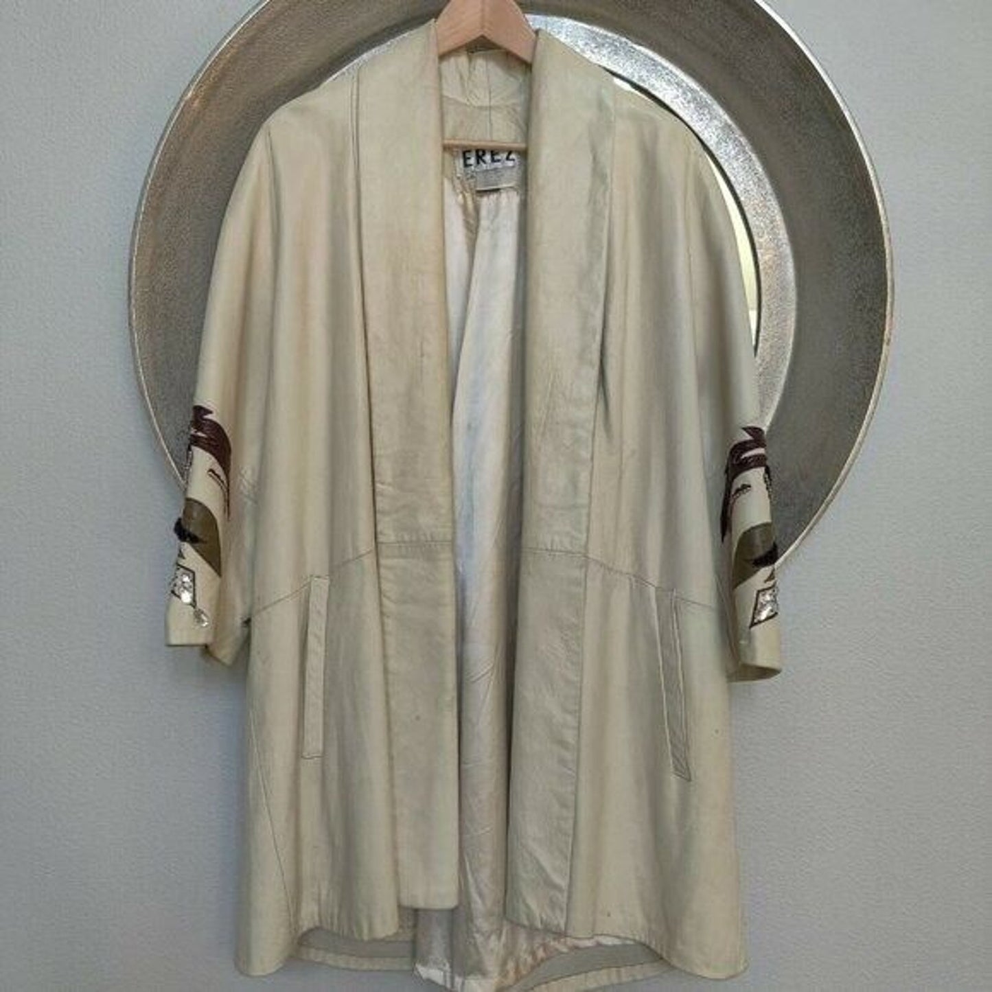 Vintage Erez Leather Coat Snake Skin Beaded 3/4 Sleeve Cream Intricate