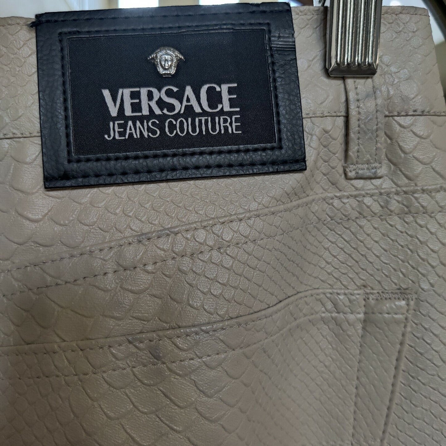 Vintage Versace Jeans Couture Vegan Leather Embossed Croc Straight Cream