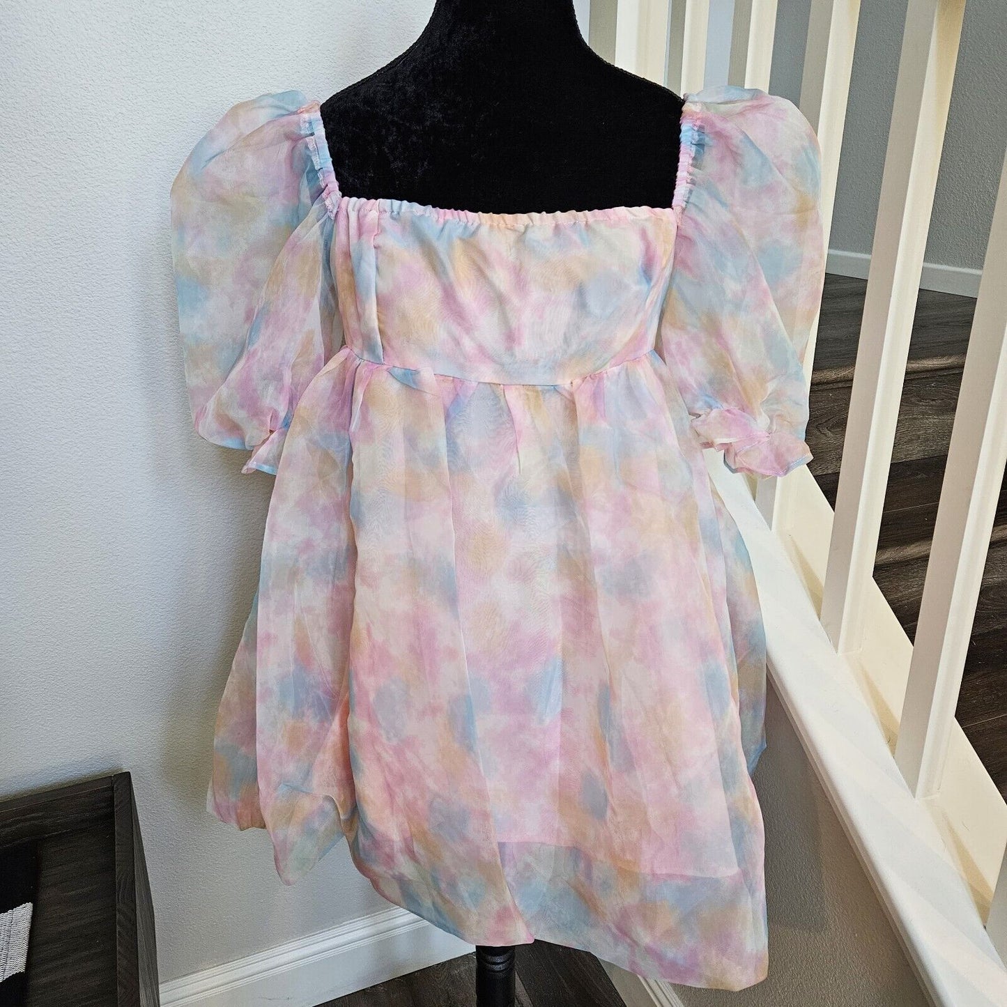 Shein Puff Sleeve Barbiecore Mini Dress Size Extra Large XL Pink Blue Tie Dye