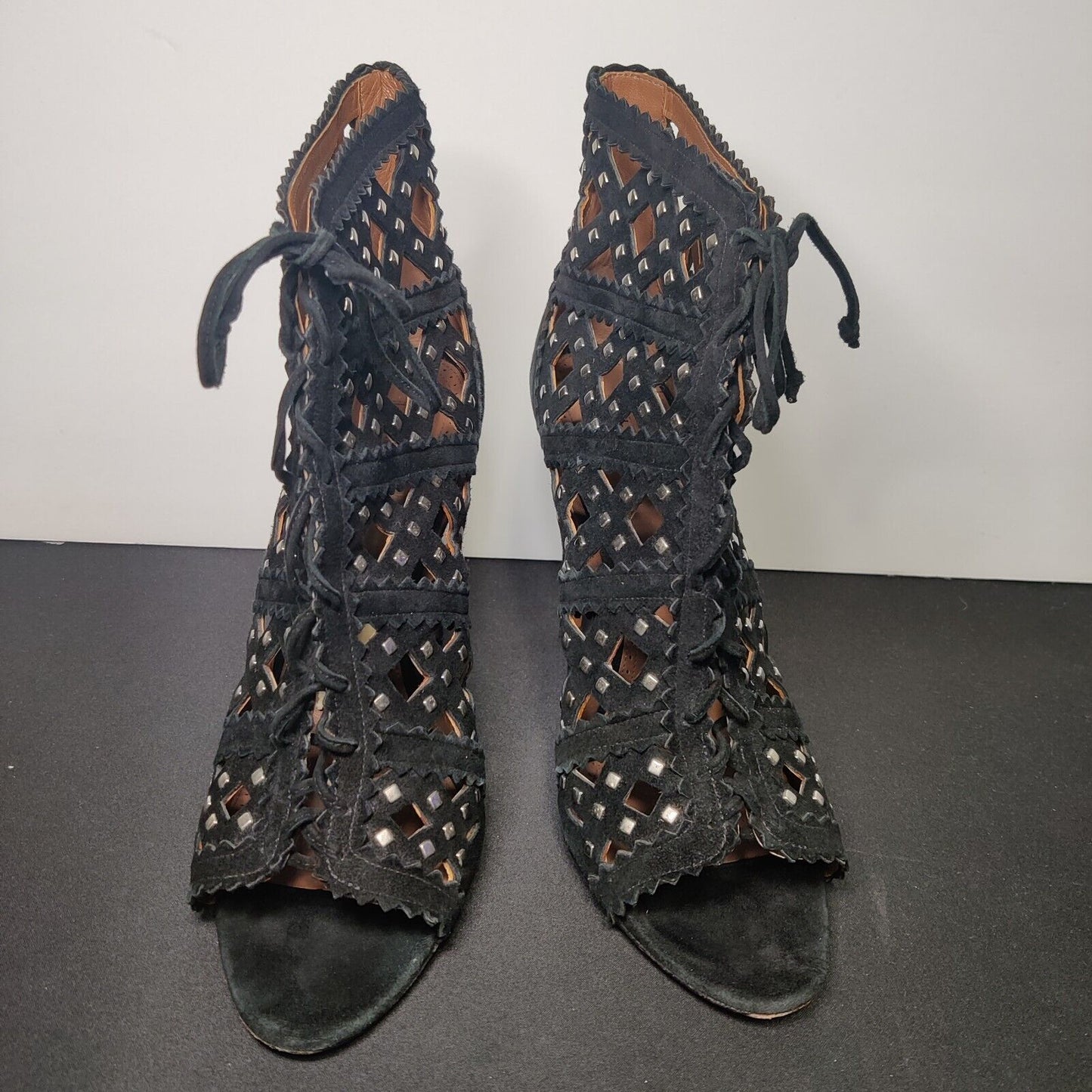 Alaia 40.5 Black Studded Caged Lace Up Bootie Suede