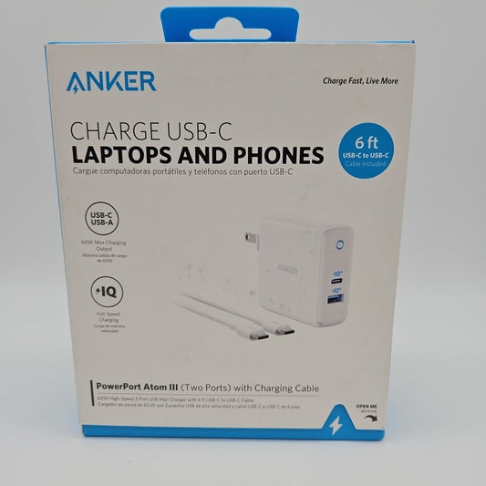 Anker PowerPort Atom III 60W GaN Fast Charger & USB-C to C Cable 6ft