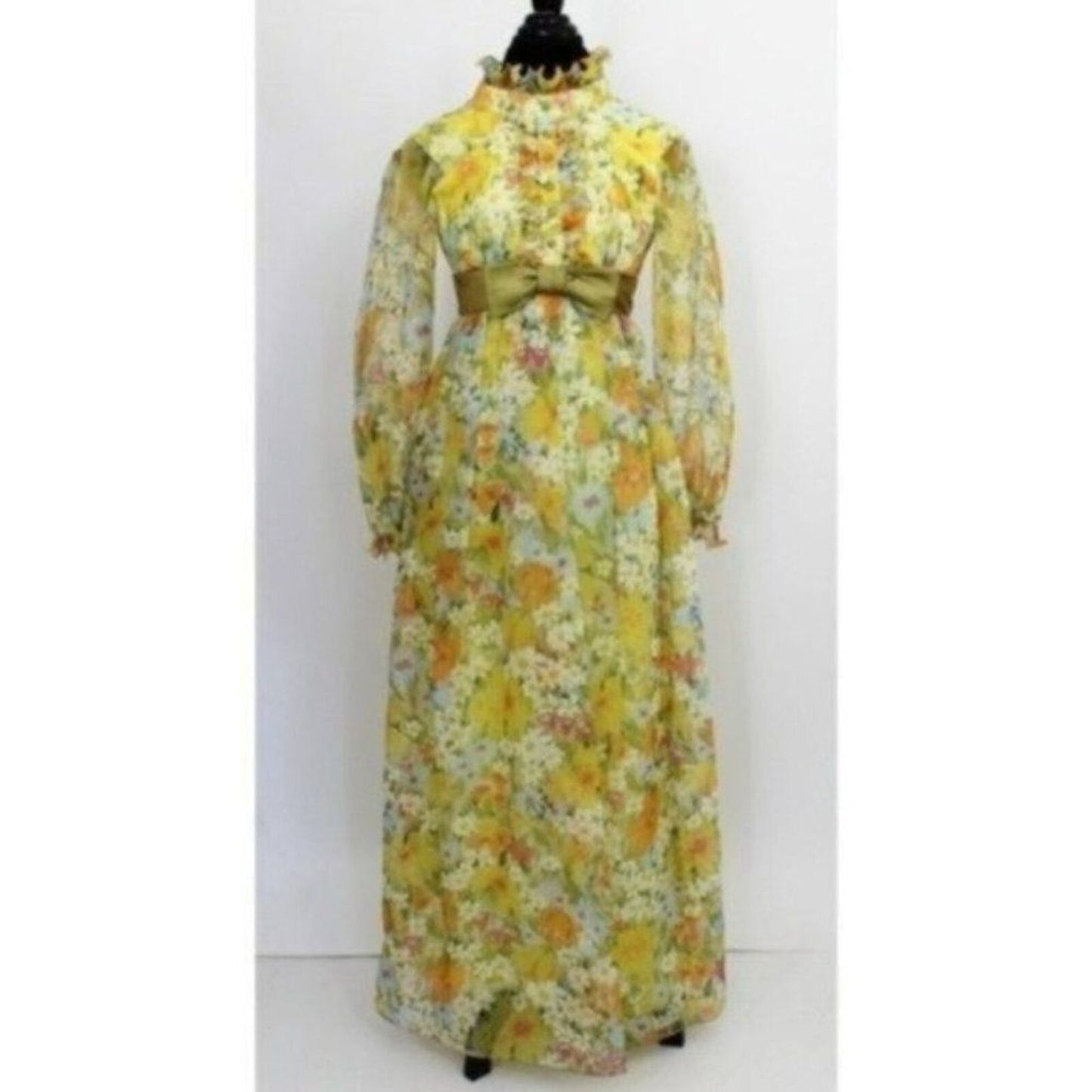 Vintage Yellow Floral Print Dress Tuxedo 3D Ruffle