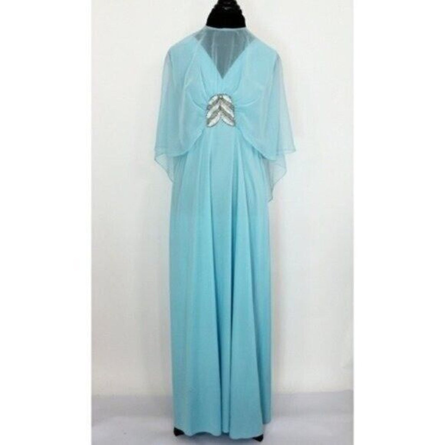 Vintage 70's Maxi Dress with Attached Cape Light Blue Union Made USA