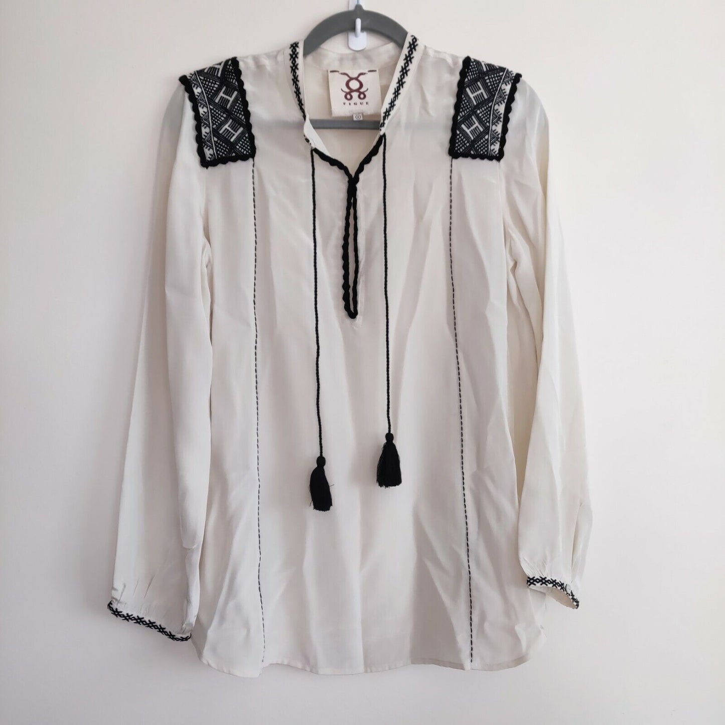 Figue Blouse Small Embroidered Silk Cream Black Long Sleeve Tassles