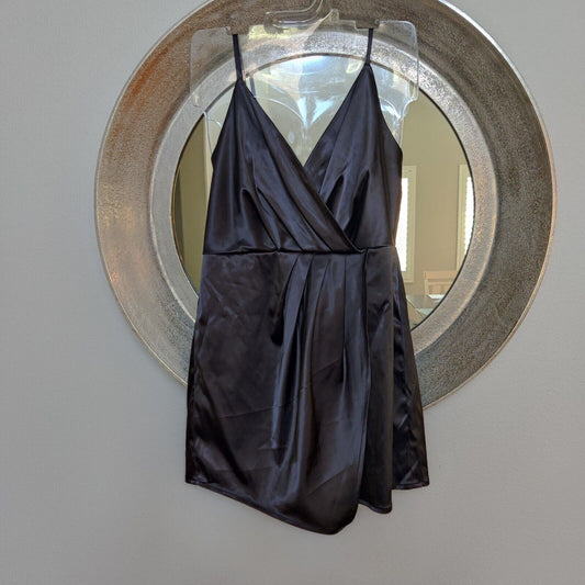 Lulu's Black Satin Pleated Romper Size Large Surplice Shiny Club