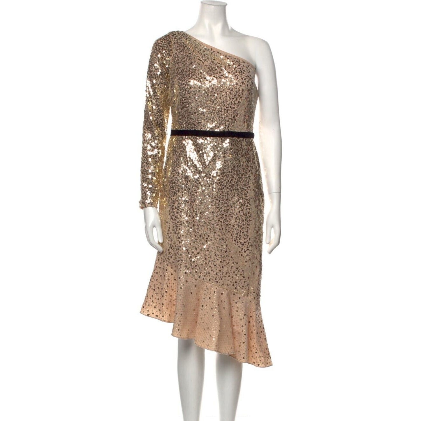 Marchesa Notte Dress Size 4 Champagne Gold Sequin One Shoulder