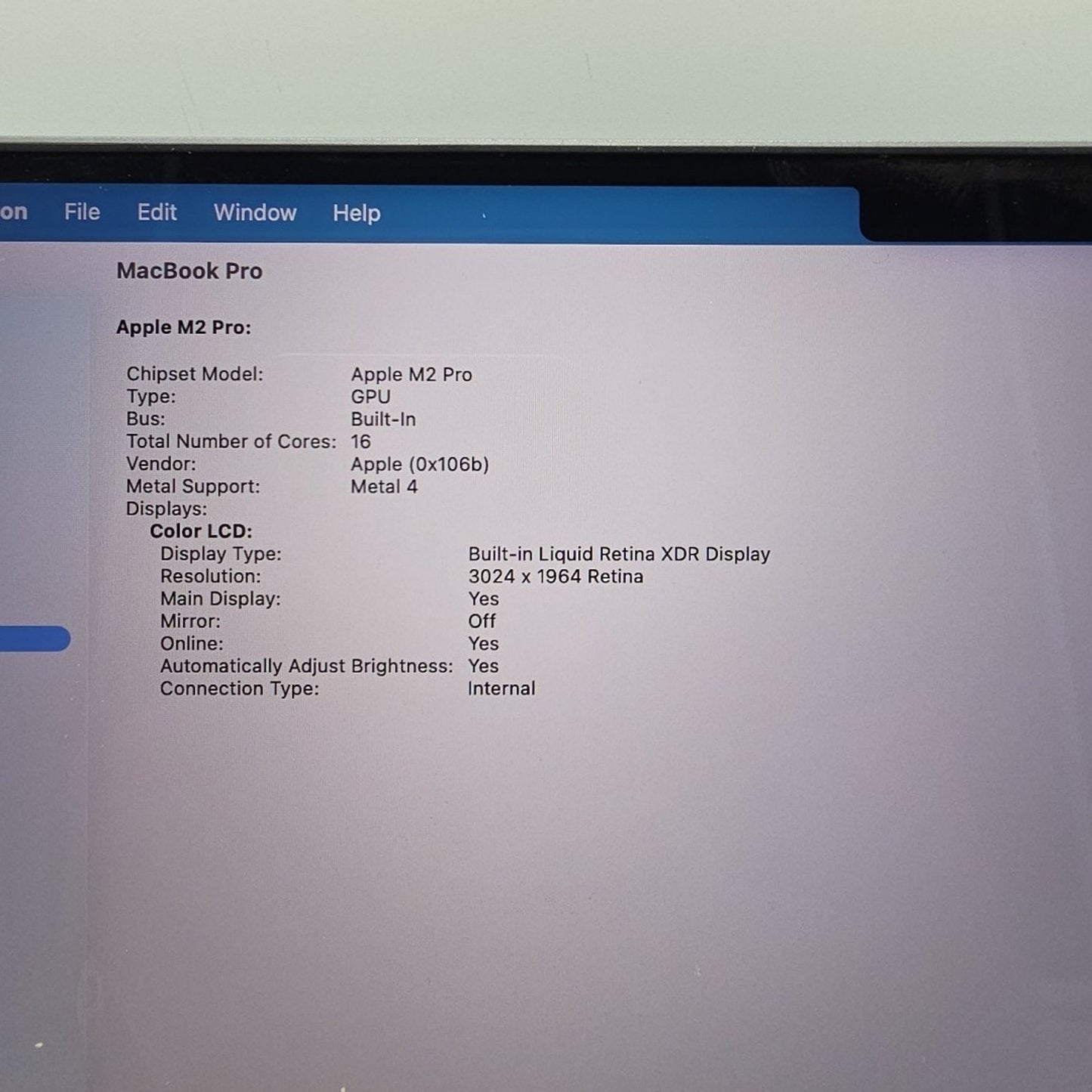 2023 Apple MacBook Pro 14" M2 Pro 16 Core 3.5GHz 16GB RAM 512GB SSD A2779 L198