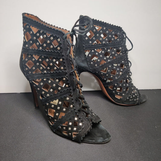 Alaia 40.5 Black Studded Caged Lace Up Bootie Suede