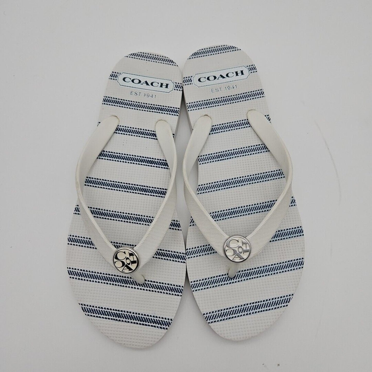 Coach 7/8 Flip Flop Sandal White Blue Stripe