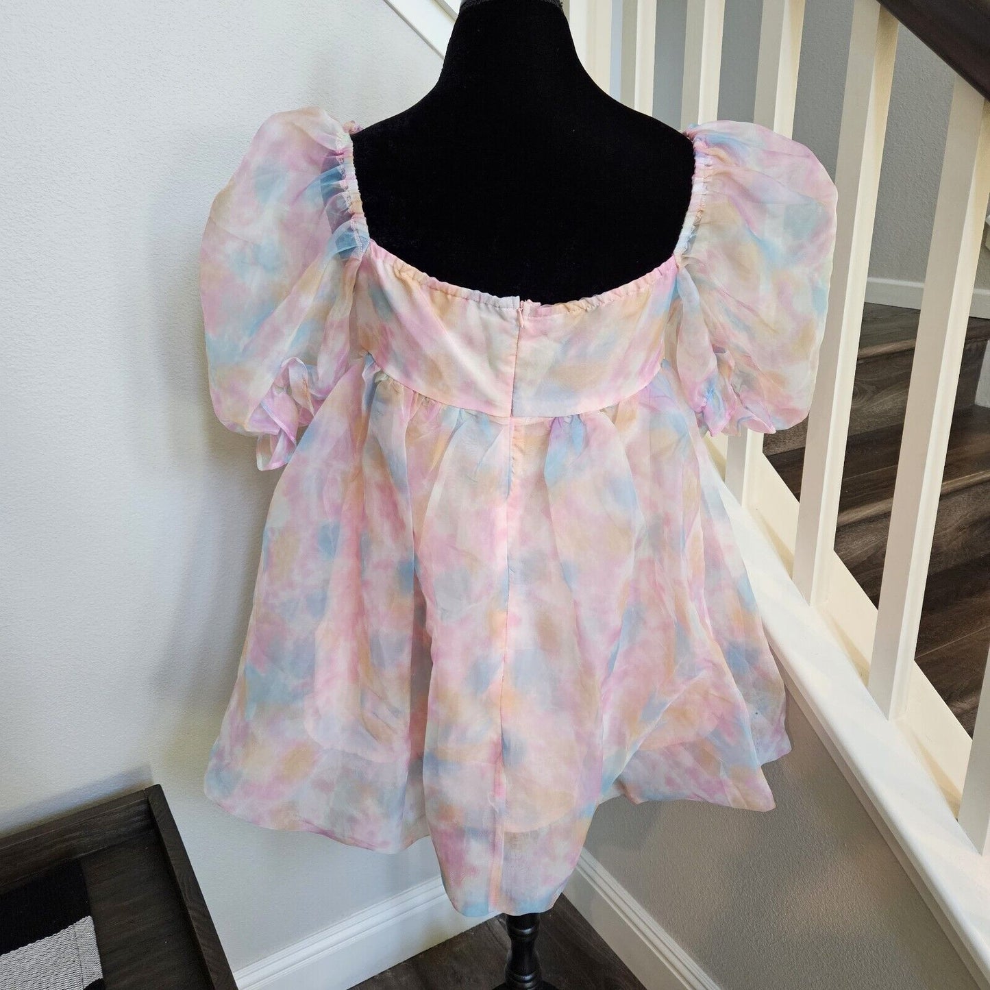 Shein Puff Sleeve Barbiecore Mini Dress Size Extra Large XL Pink Blue Tie Dye