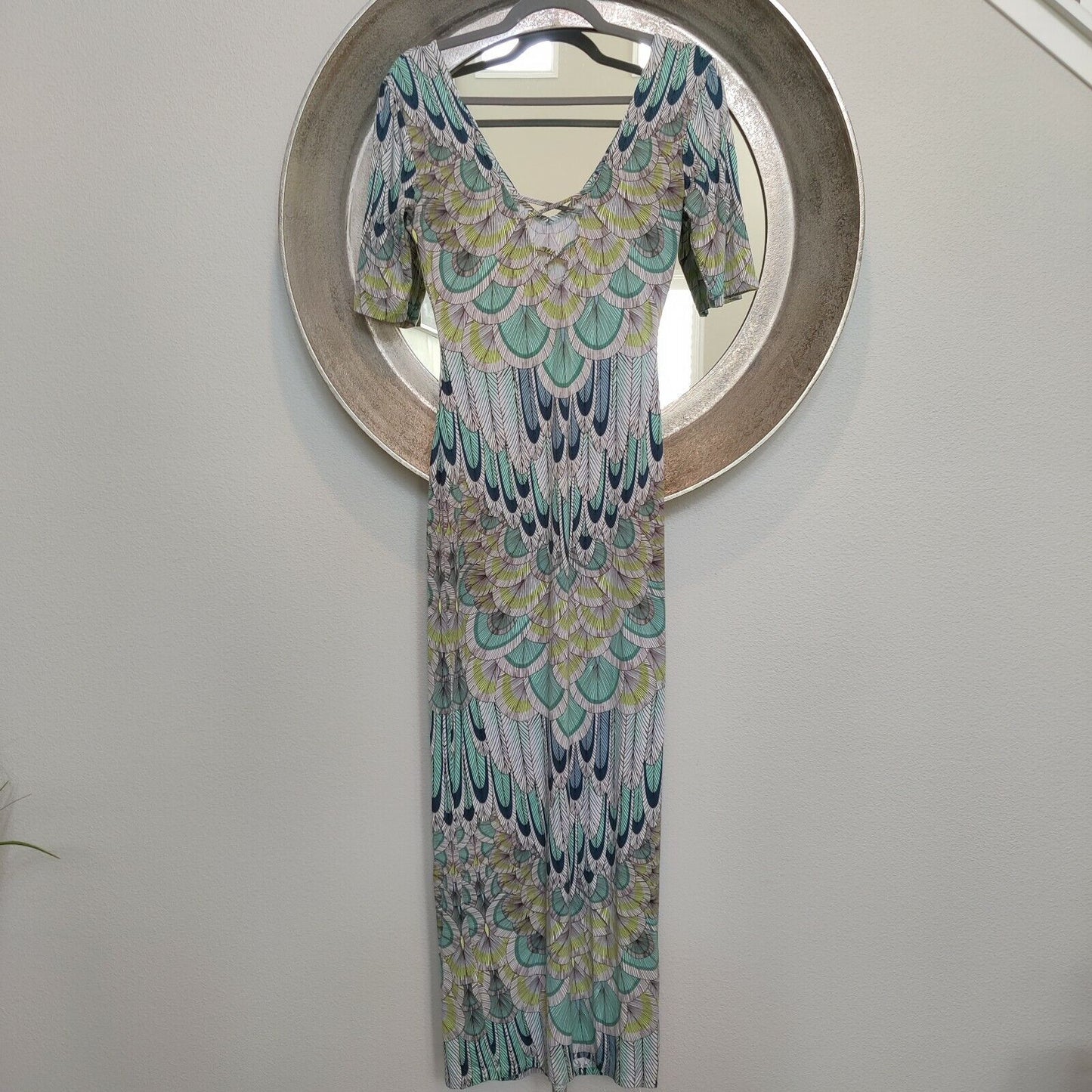 Mara Hoffman Dress Size Small Turquoise Feather Print Colour Maxi