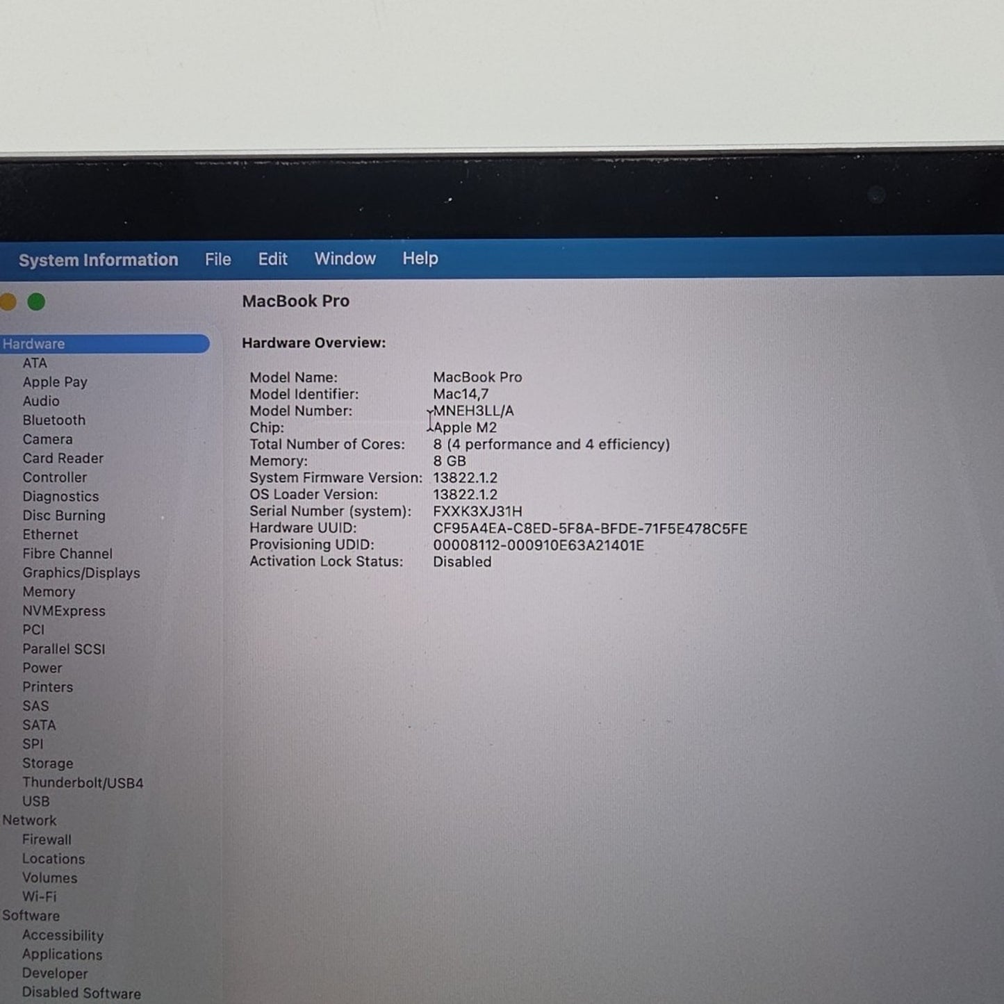 2022 Apple MacBook Pro 13.3" M2 8C 10CGPU 8GB 512GB S. Gray A2338 L181