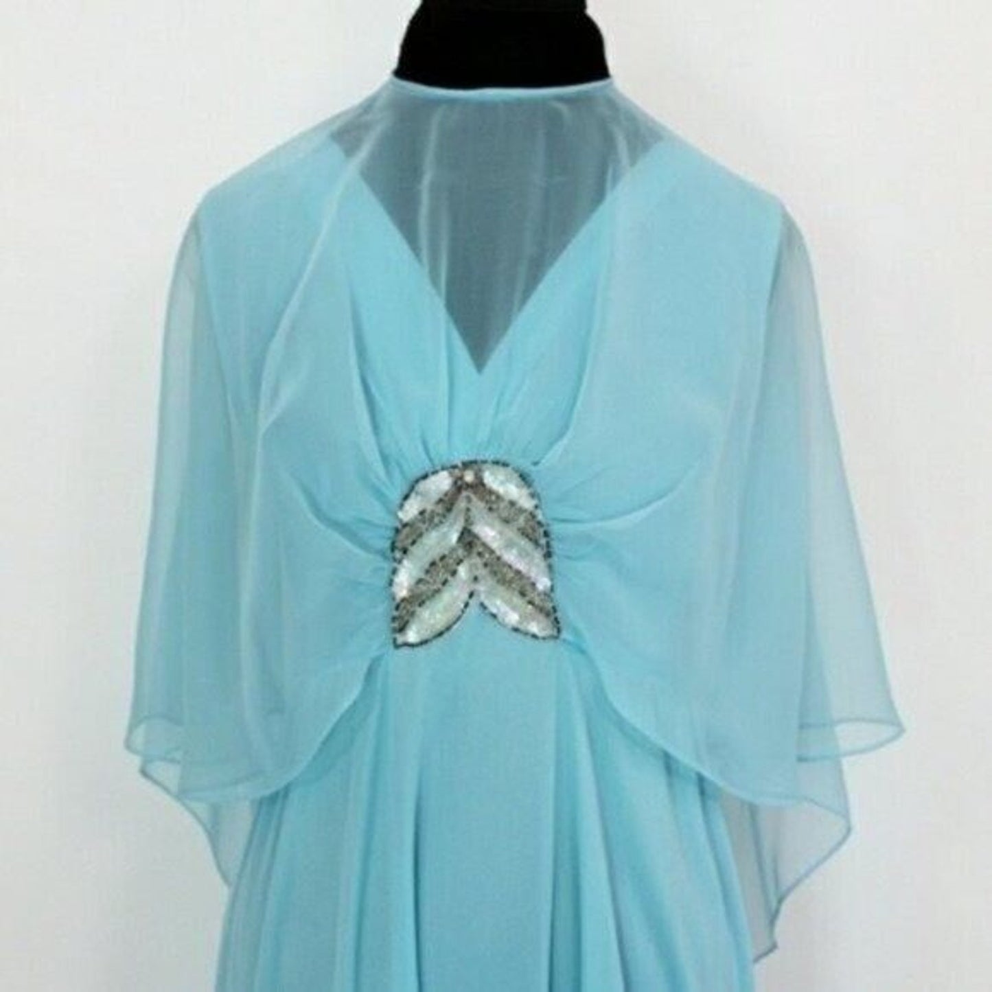 Vintage 70's Maxi Dress with Attached Cape Light Blue Union Made USA