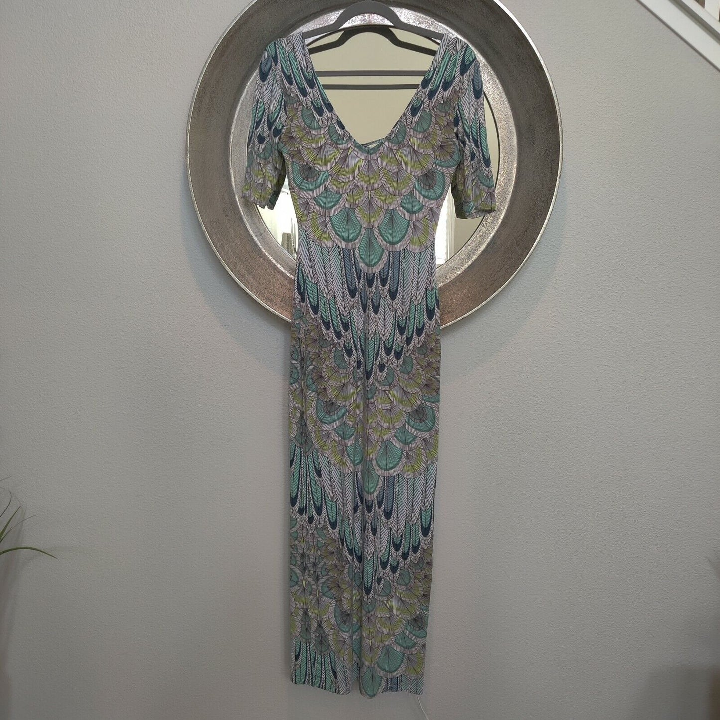 Mara Hoffman Dress Size Small Turquoise Feather Print Colour Maxi