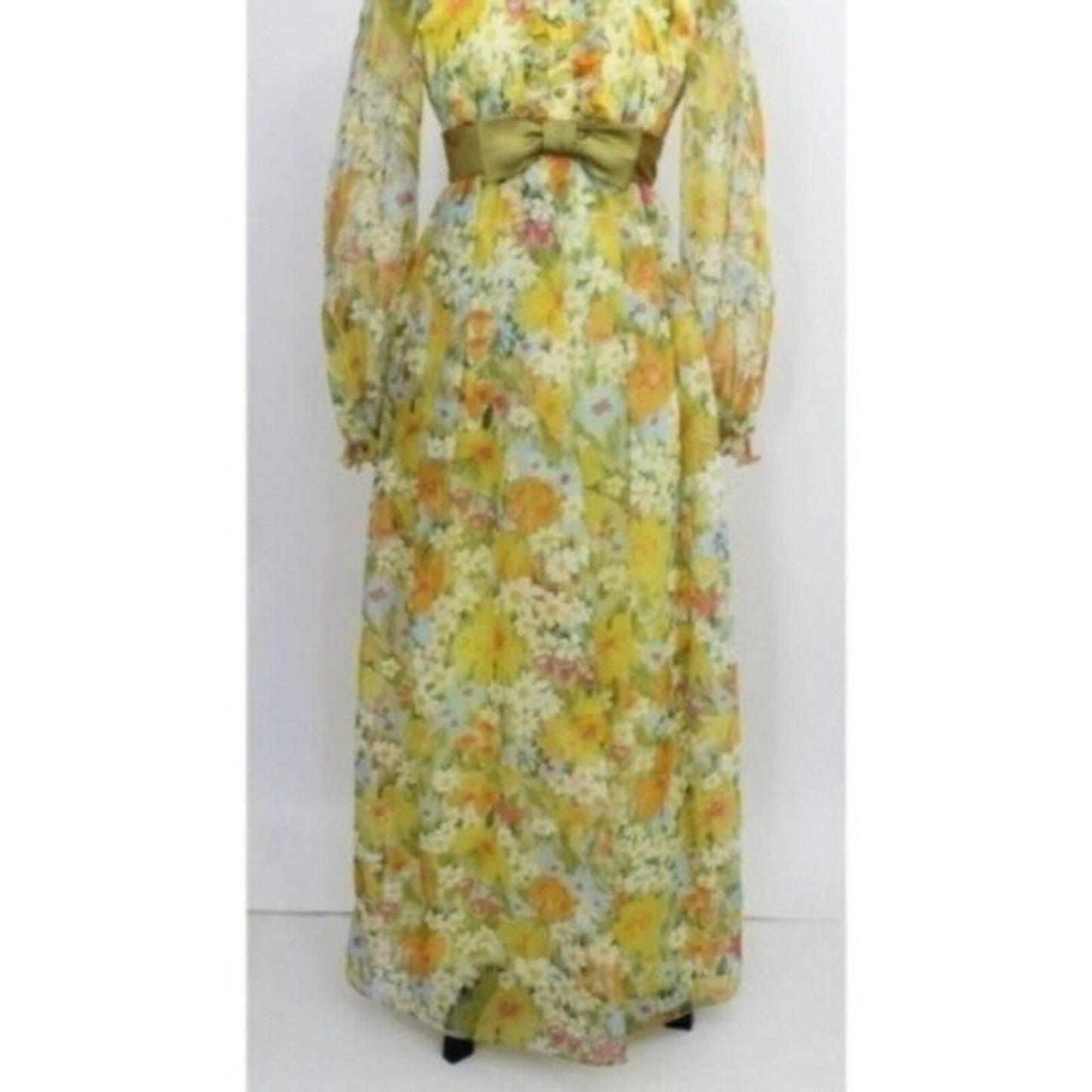 Vintage Yellow Floral Print Dress Tuxedo 3D Ruffle