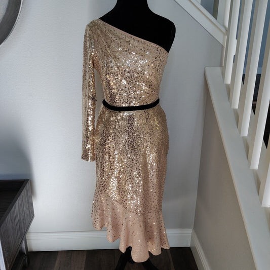 Marchesa Notte Dress Size 4 Champagne Gold Sequin One Shoulder