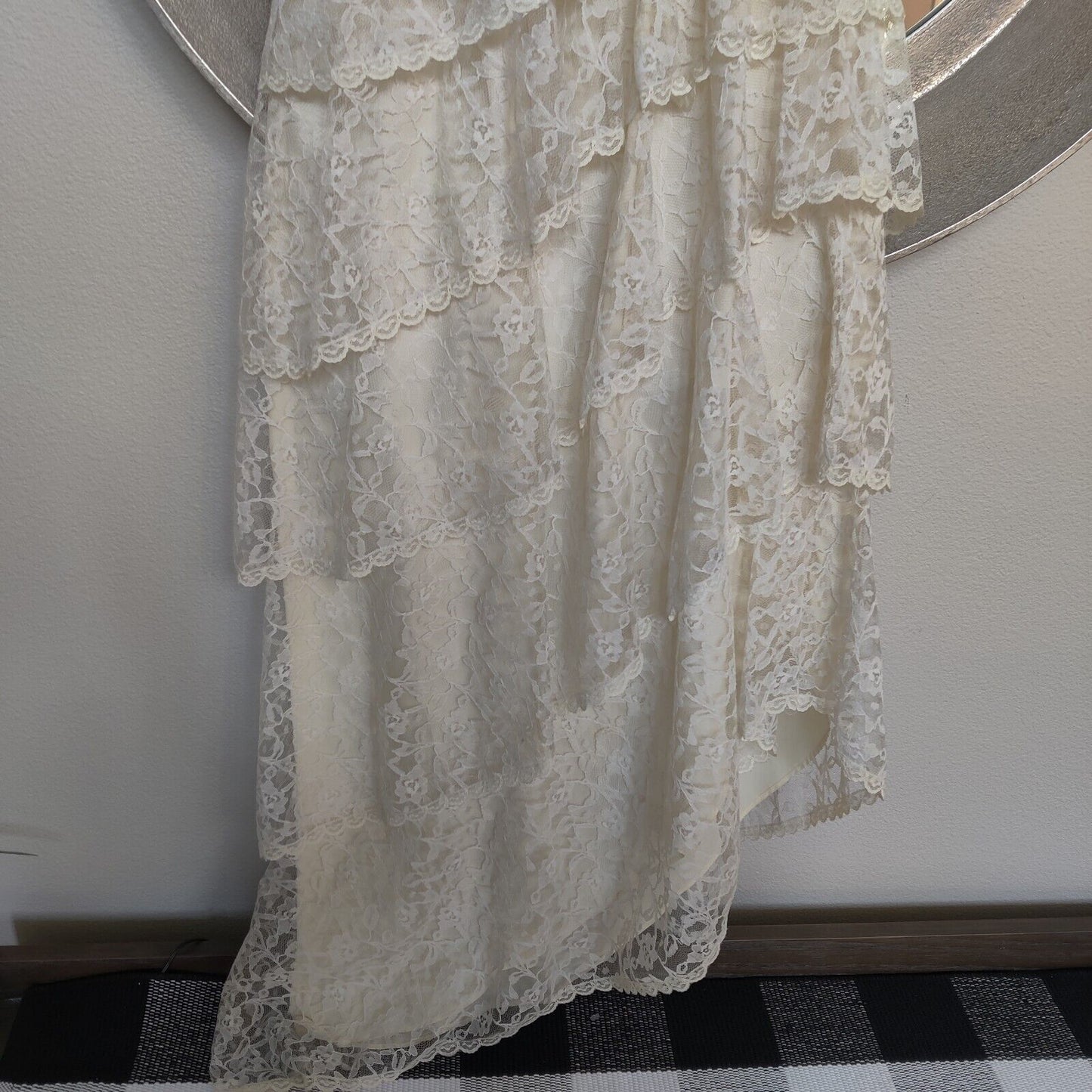 Vintage 1970's Tiered Lace One Shoulder Long Dress Cream Boho Bridal Hippie