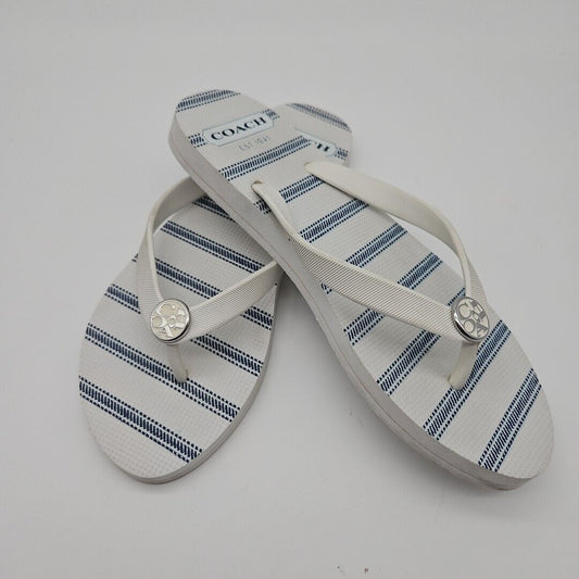 Coach 7/8 Flip Flop Sandal White Blue Stripe