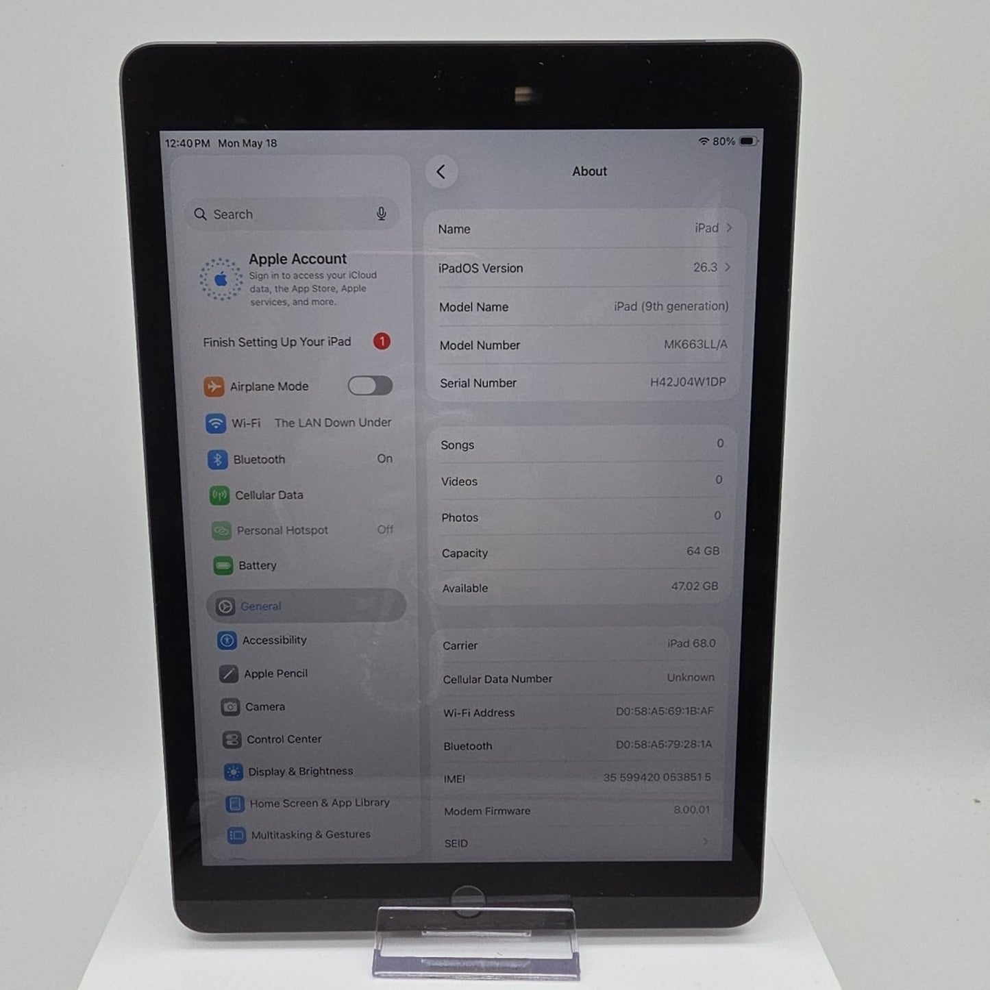 Apple iPad 9th Gen. 10.2" A2603 64GB Wifi Cellular Unlocked Space Gray W1DP