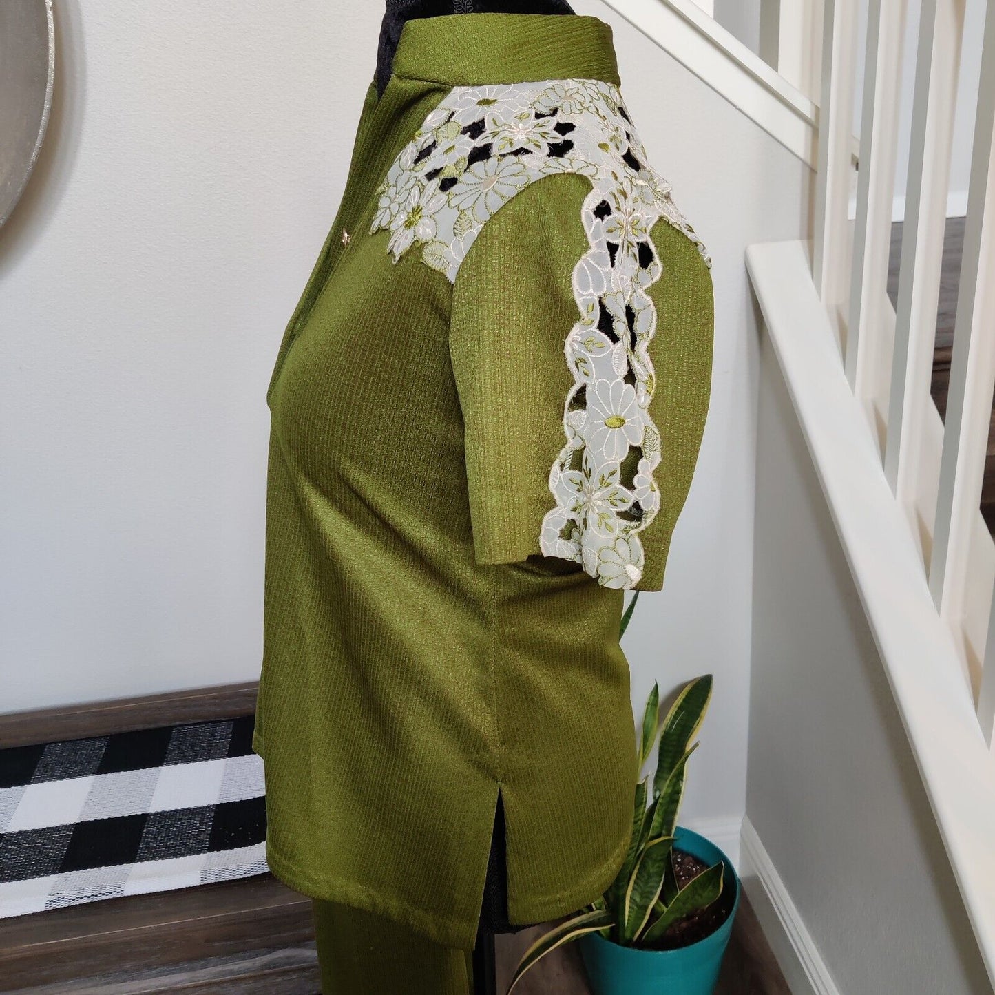 Vintage 70 s Pant Set Small/Medium Avocado Green Floral Lace