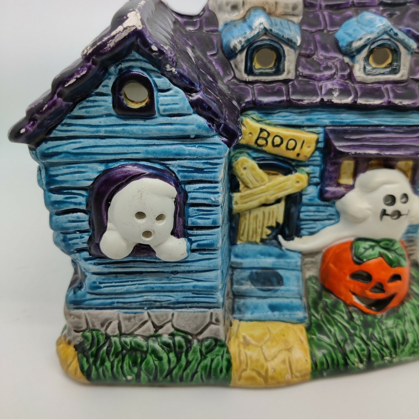 Vintage Russ Berrie Haunted House Ghosts Boo Boarded Door Candle Lighted