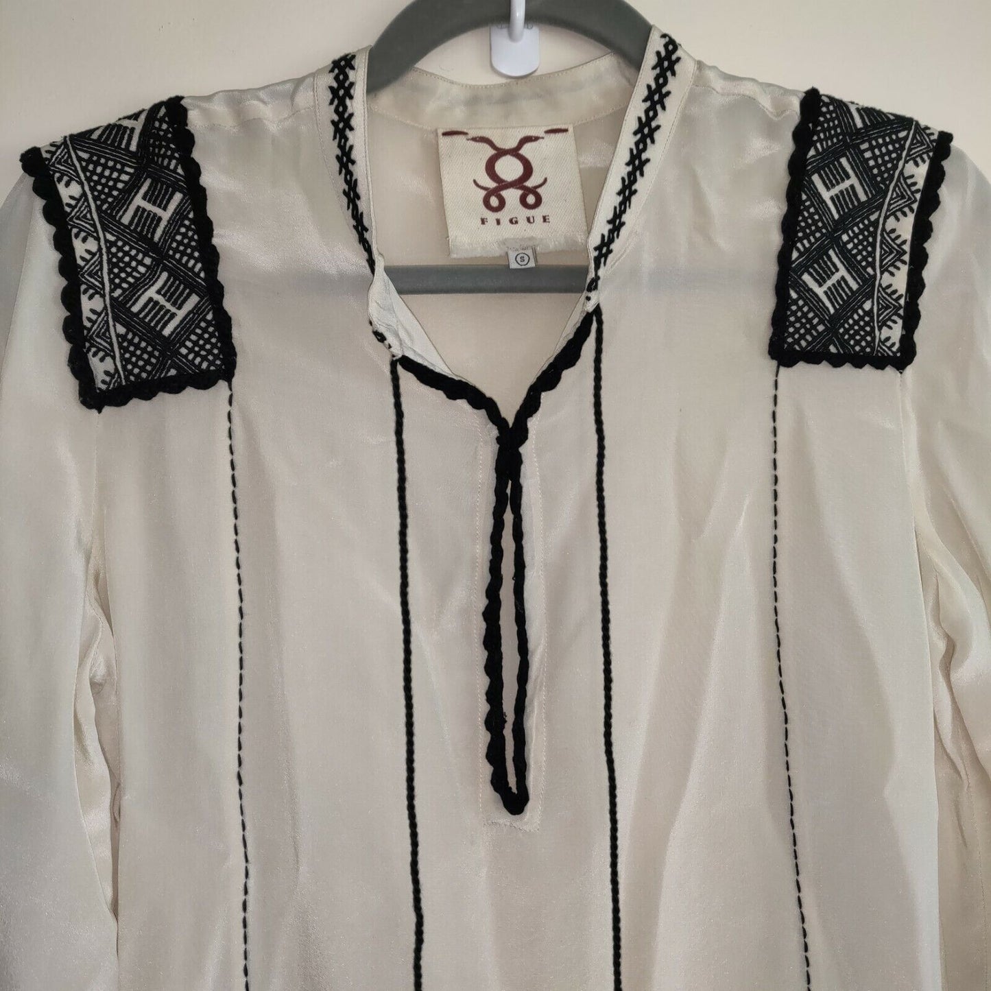 Figue Blouse Small Embroidered Silk Cream Black Long Sleeve Tassles